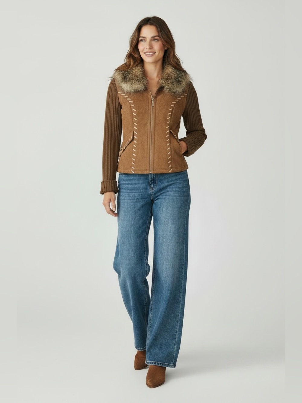 Montana Co Faux Suede Fur Knit Sleeve Zip Jacket Size XL Whip Stitch MSRP 129